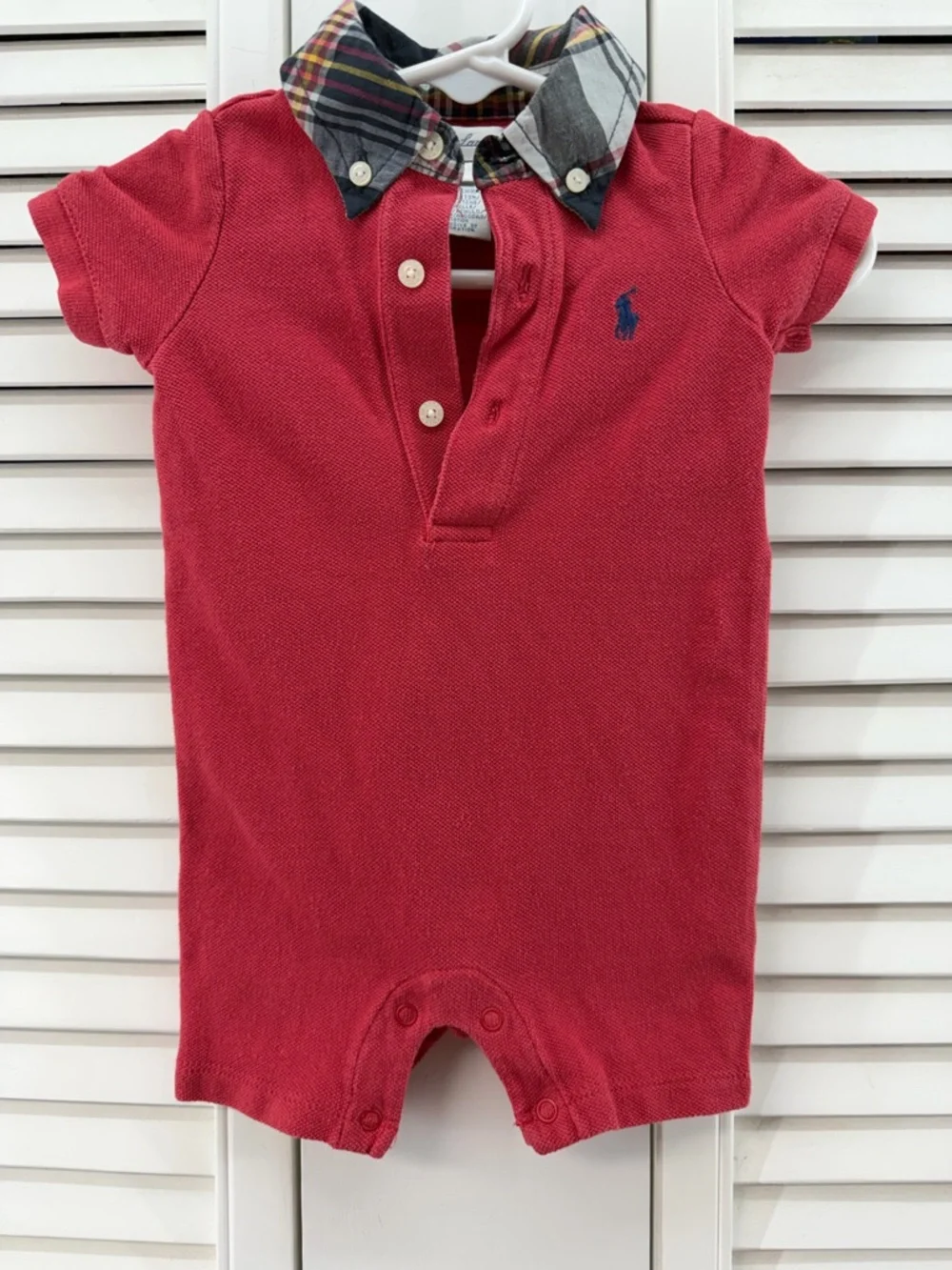 Ralph Lauren size 3M Red Polo with Plaid Trim romper